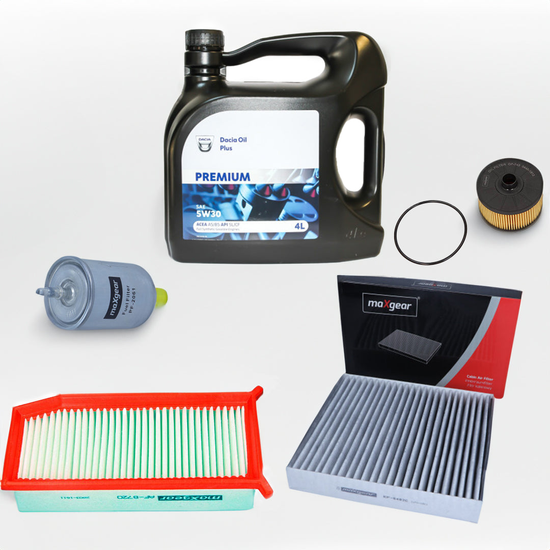 PACHET REVIZIE DACIA LOGAN 2 BENZINA 0.9 TCE MAXGEAR + ULEI ORIGINAL – patru filtre MAXGEAR si un bidon de 4 litrii de ulei original